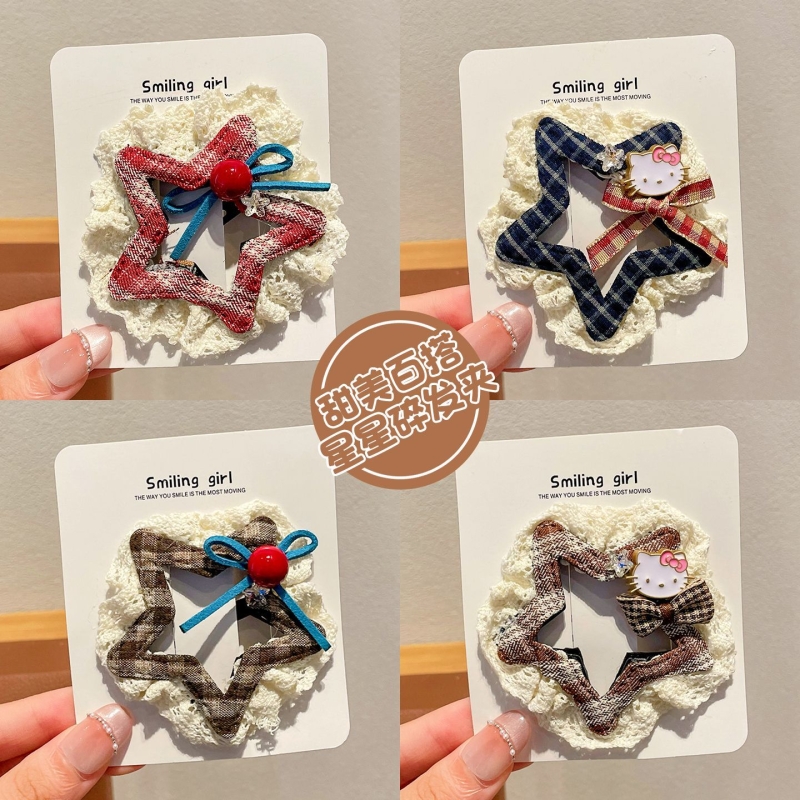 韩系kt猫格纹星星发夹2025儿童新款刘海发卡后脑勺碎发整理bb夹