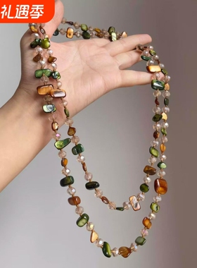 中古项链波西米亚彩色串珠双层项链2025新款复古轻奢设计感度假风