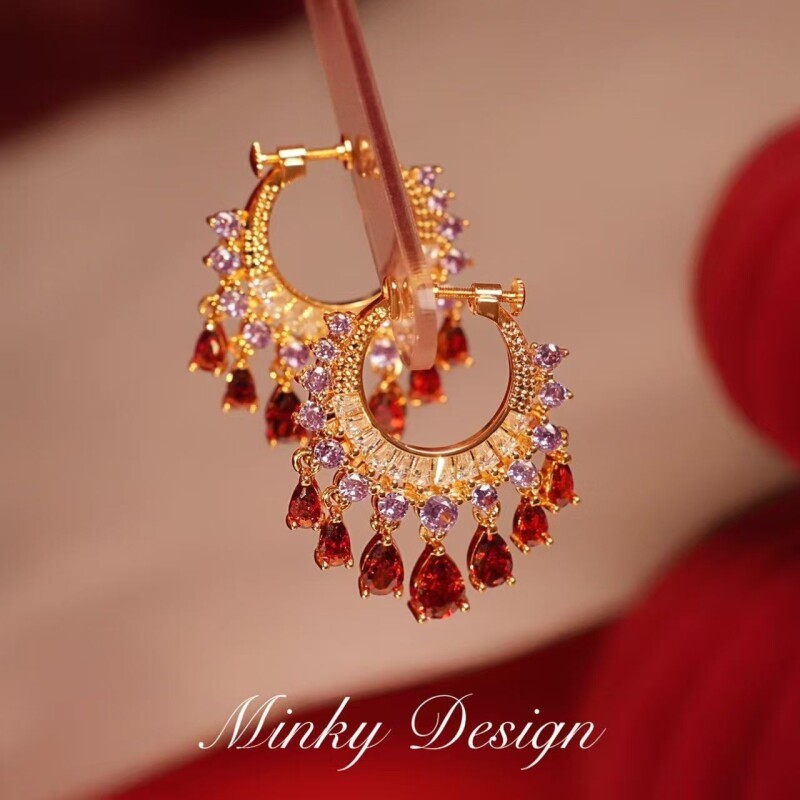 「古巴」新款红色流苏耳坠螺旋耳夹女无耳洞气质耳钉耳环耳饰水滴