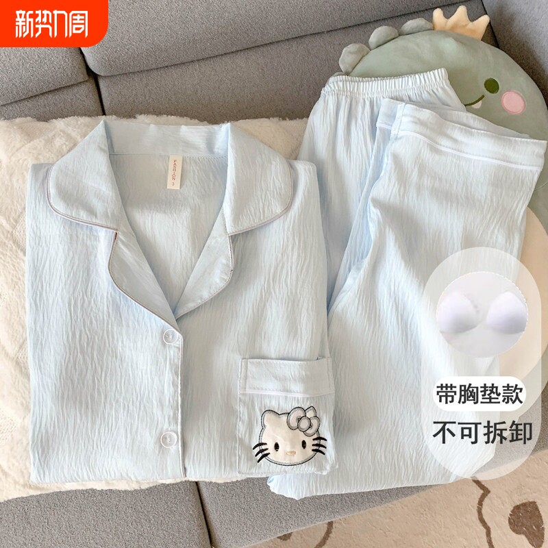 红豆卡通猫咪带胸垫睡衣女款春秋夏季云朵纯棉纱布长袖可爱少女家