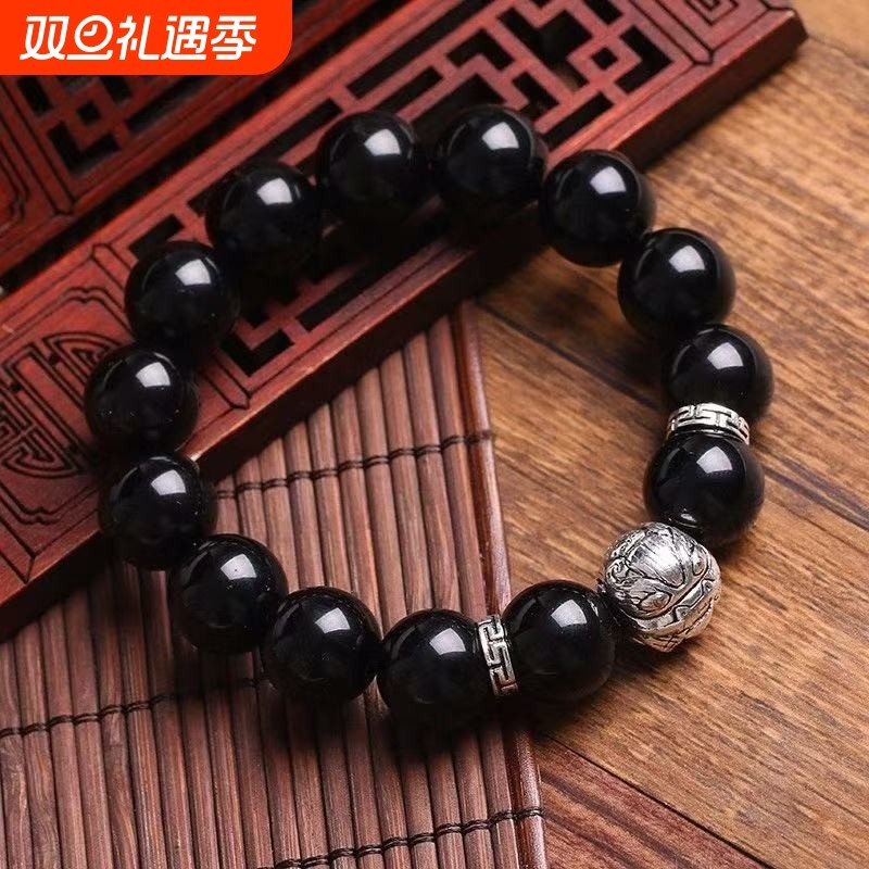 黑曜石貔貅头手链黑曜石十二生肖佛珠手串男女款情侣礼物