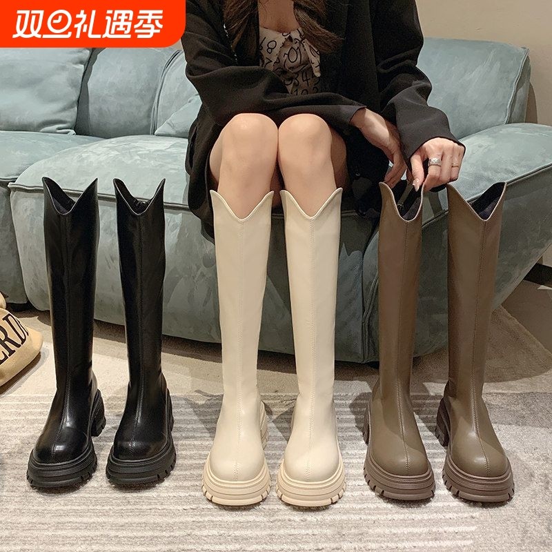 幂琳长筒靴女春秋季小个子圆头复古高筒骑士靴厚底v口中跟粗跟瘦