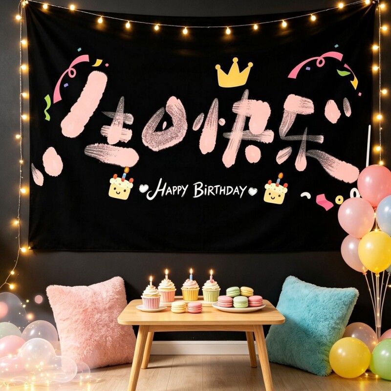 生日快乐派对挂布黑色背景布 ins生日场景布置氛围感装饰墙布挂毯
