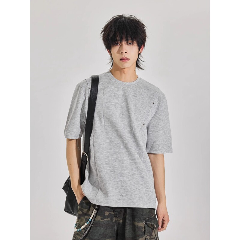 黑色太空棉铆钉解构短袖男款夏季boxy半截袖美式重磅正肩T恤灰色