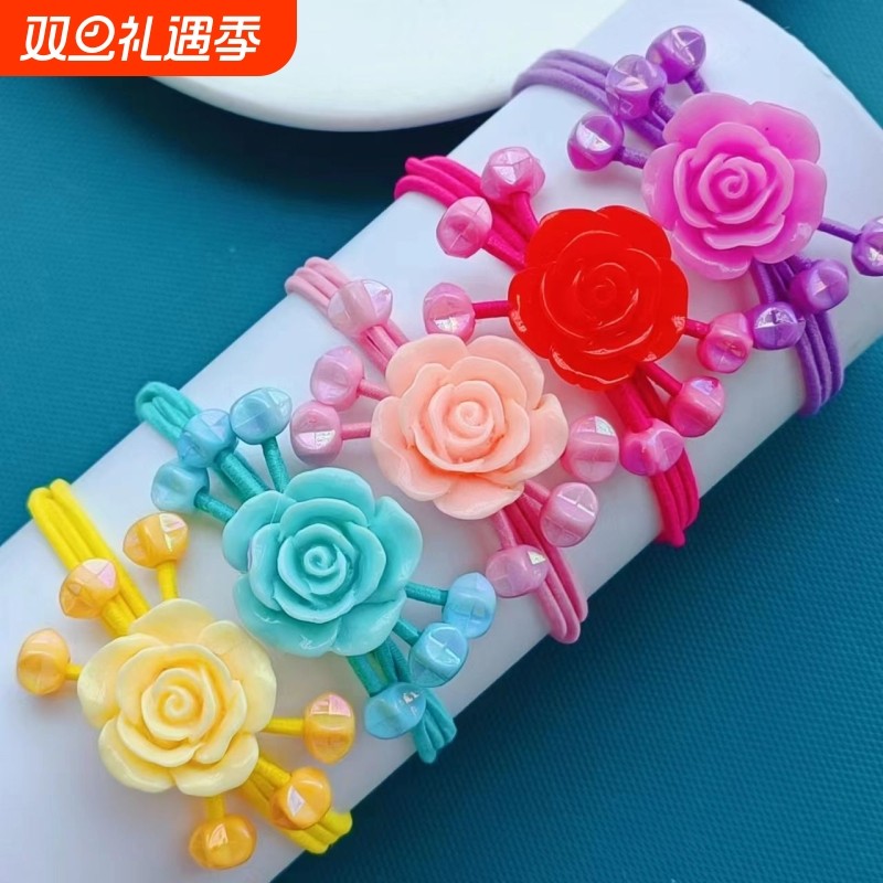 玫瑰彩色头绳小女孩不伤发弹力好女童发圈橡皮筋发饰花朵头饰发绳
