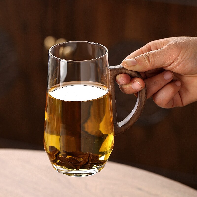 高硼硅耐热玻璃胡桃木把绿茶杯花茶杯玻璃杯