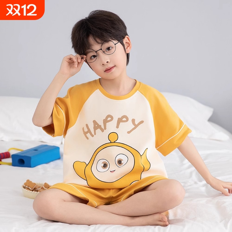 男童睡衣夏季纯棉薄款短袖中大童男孩蛋仔夏款套装儿童家居服短裤