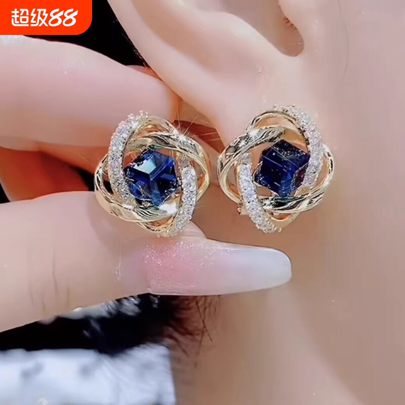 气质镶钻蓝色方糖水晶耳环女高级设计感精致耳钉银针耳饰紫色花朵