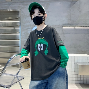 男童假两件长袖T恤秋装2025新款儿童卫衣春秋款大童打底衫薄款潮t