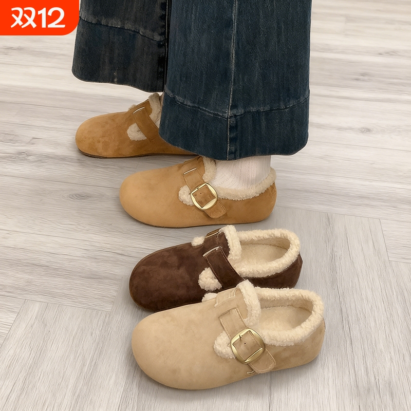 3CM内增高勃肯鞋女2025秋冬新款复古雪地一脚蹬加绒毛毛鞋棉鞋子