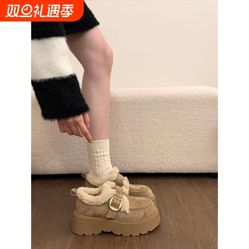 厚底增高加绒保暖雪地靴女鞋子2025新款冬季勃肯鞋毛毛棉鞋乐福鞋