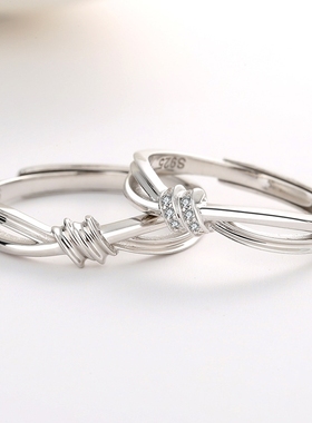 S925银情侣戒指韩版简约同心结开口戒指男女一对戒情人节纪念礼物