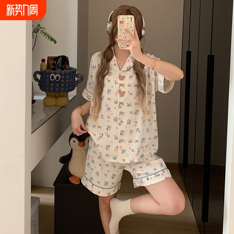 云朵棉纱布睡衣女夏季短袖短裤套装甜美小熊女学生外穿开衫家居服