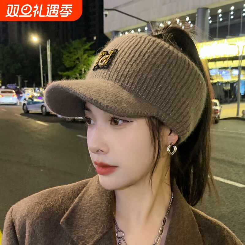 帽子女秋冬季韩版潮百搭保暖鸭舌针织毛线帽扎马尾棒球空顶帽
