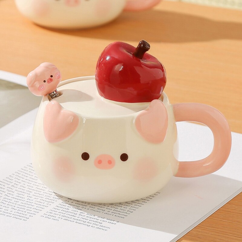 奶fufu小猪陶瓷马克杯带盖勺平安夜送女生高颜值水杯家用可爱杯子