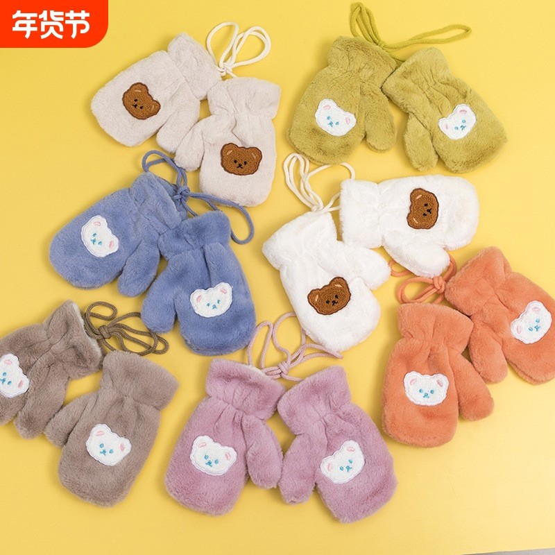 刺绣小熊头手套2021新款儿童冬季全绒加厚保暖连指学生儿童手套