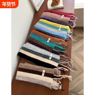 秋冬韩系egg~毛线针织围脖个性拼色设计百搭时髦窄版长条围巾薄款