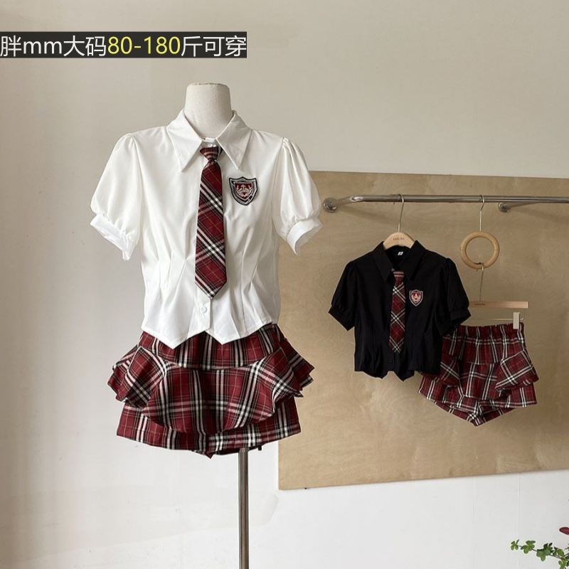辣妹大码显瘦短袖T恤jk领带上衣高腰格子半身短裙学院风套装衬衫