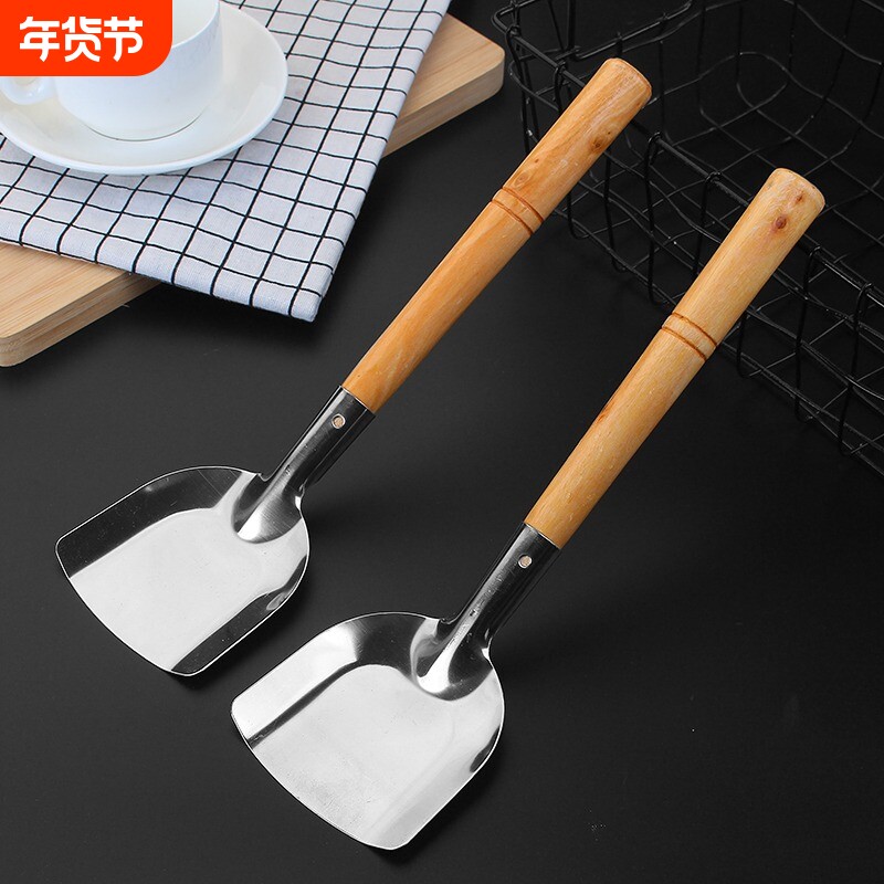 老式不锈钢锅铲家用炒菜加厚铲子炒勺厨师厨房厨具木柄防烫锅铲