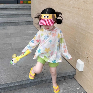 女童夏季薄款防晒罩衫女宝宝夏装长袖T恤五分骑行裤子套装儿童装