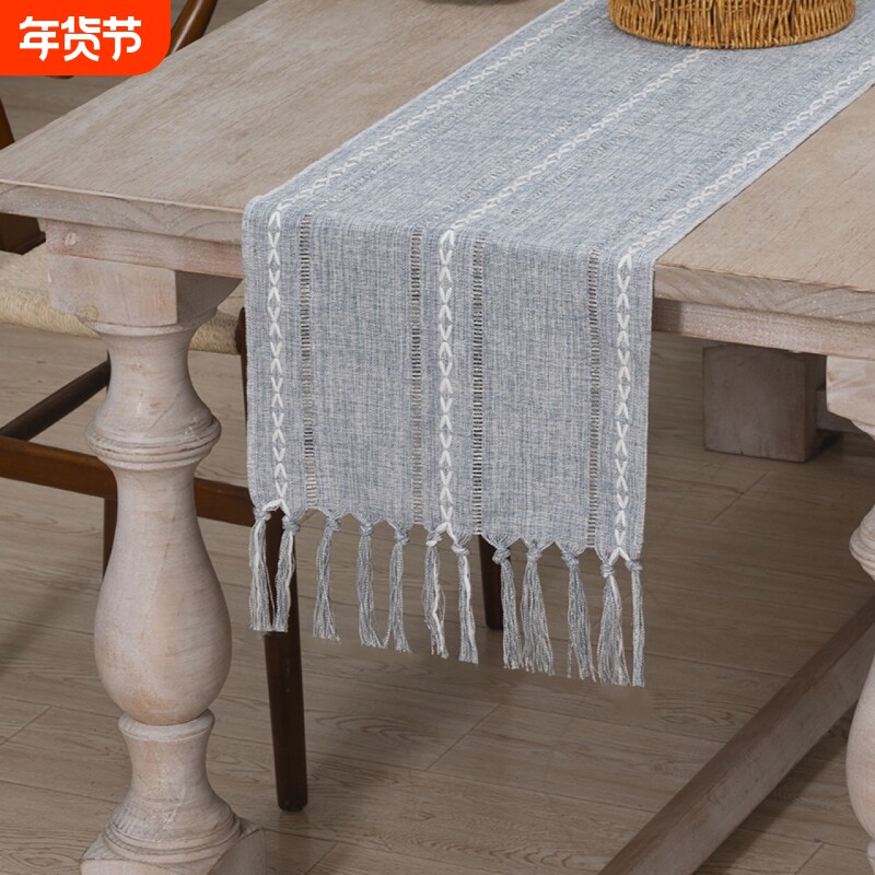 北欧条纹提花茶几桌旗流苏镂空提花时尚茶旗餐旗长条涤棉桌布厂家