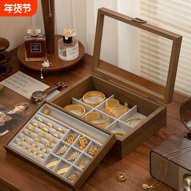 黄金首饰项链戒指高档手镯首饰品耳钉展示双层珠宝收纳盒托盘桌面,收纳整理,首饰盒,淘宝优惠券,粉丝福利购,淘宝优惠卷