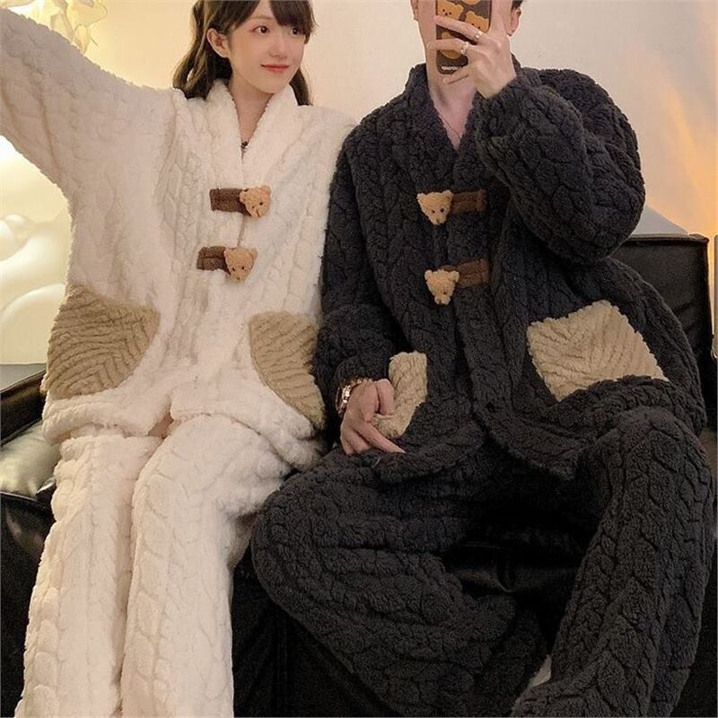 情侣睡衣女秋冬季加厚珊瑚绒2024新款男士冬天毛绒家加绒外出居家