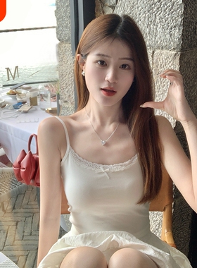 蕾丝吊带带胸垫内搭背心女白色打底小上衣纯欲夏外穿粉色纯棉休闲