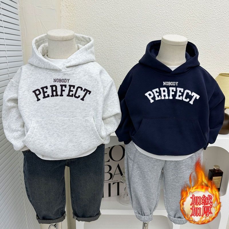 2025新款韩版加绒连帽卫衣男童儿童宝宝外穿上衣春秋冬季灰色有帽
