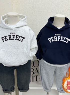 2025新款韩版加绒连帽卫衣男童儿童宝宝外穿上衣春秋冬季灰色有帽