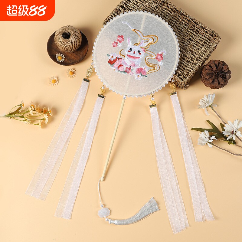 古风扇子中国风小兔子刺绣团扇夏季汉服走秀舞蹈苏绣圆形儿童女扇图片