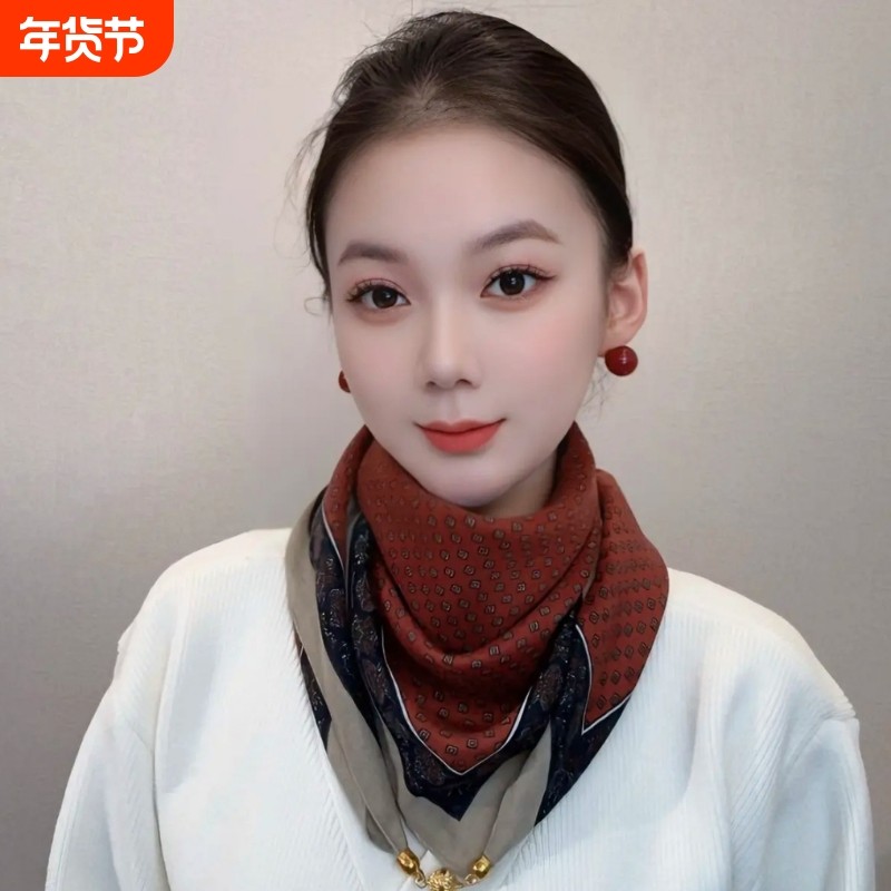 红围脖女款爆款新款冬季保暖秋冬时尚丝巾小方巾围巾披肩磁扣橙色