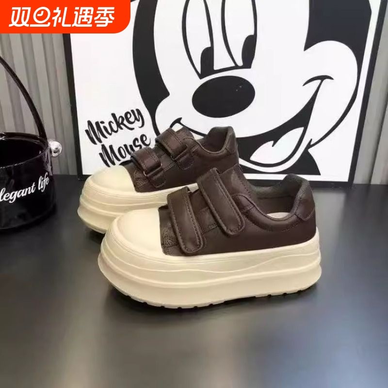 QVAJ厚底小白鞋25新款魔术贴松糕鞋休闲百搭大头软面包鞋圆头增