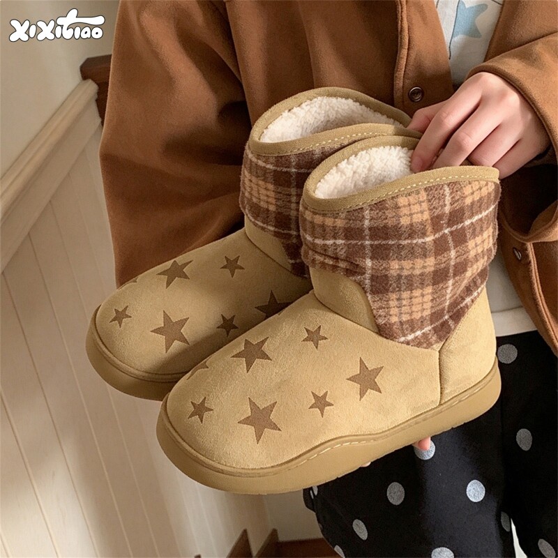 细细条 撞色复古格纹星星雪地棉鞋女冬季加绒保暖户外穿防滑棉靴