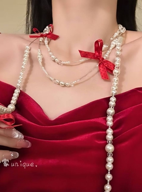 【加缪情书】红色蝴蝶结串珠项链新年氛围感独特高颜值锁骨链颈链