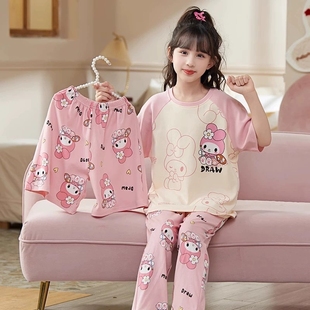 长裤 三件套女童睡衣纯棉夏季 短袖 新款 儿童女孩家居服 可外穿薄款
