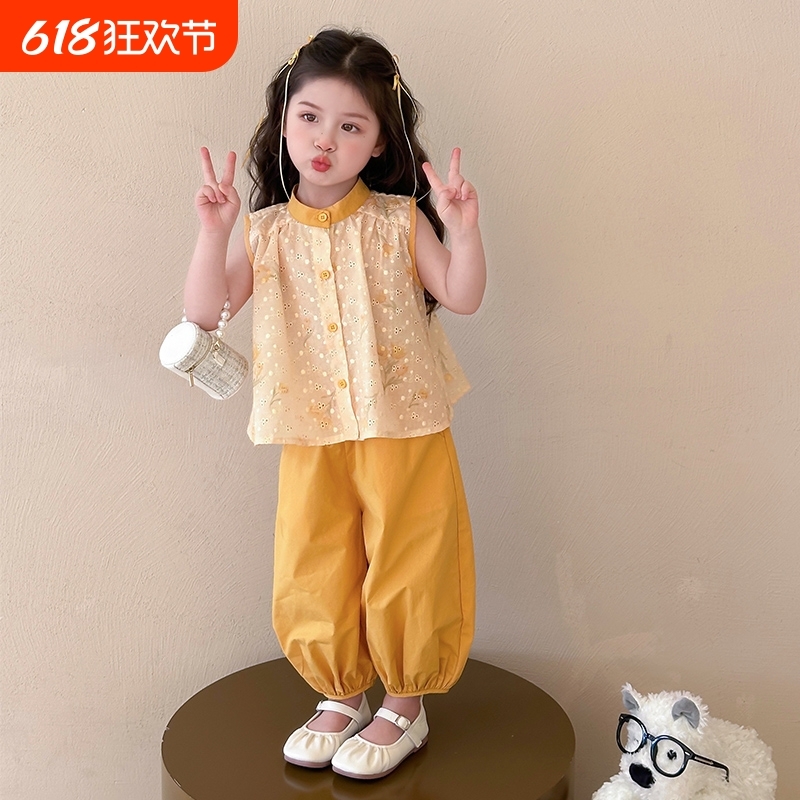 爆款女童无袖衬衫套装洋气儿童夏装碎花衣服2025新款宝宝夏12时