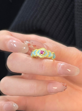 复古蓝花殿红钻珐琅戒指女款