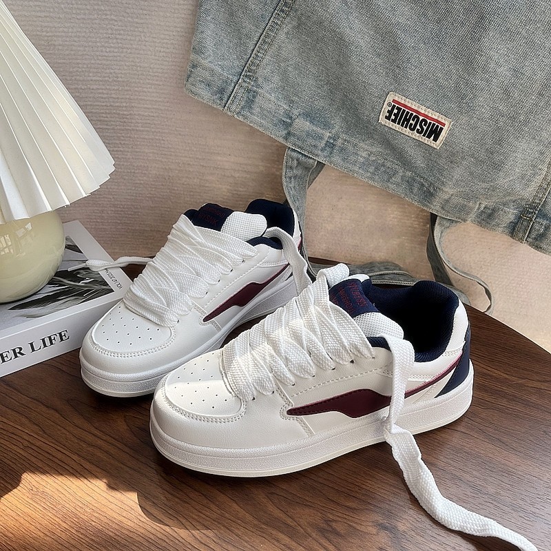 港风复古白酒红面包鞋女ins潮2025春季新款休闲运动小白鞋圆头