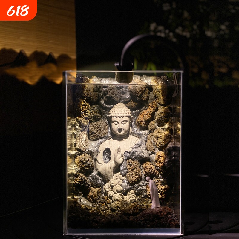 玻璃鱼缸摆件客厅超白斗鱼缸月球创意造景夜灯全套桌面送礼生态缸
