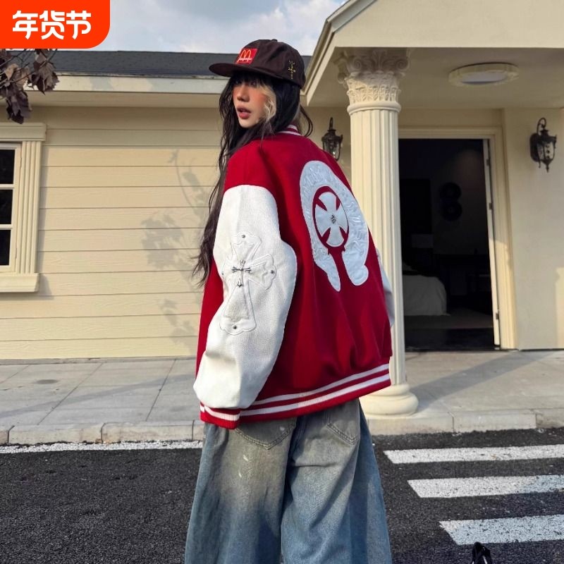 美式复古街头十字架刺绣棒球服外套男女春秋款宽松休闲百搭夹克潮,运动服/休闲服装,运动茄克/外套,淘宝优惠券,粉丝福利购,淘宝优惠卷