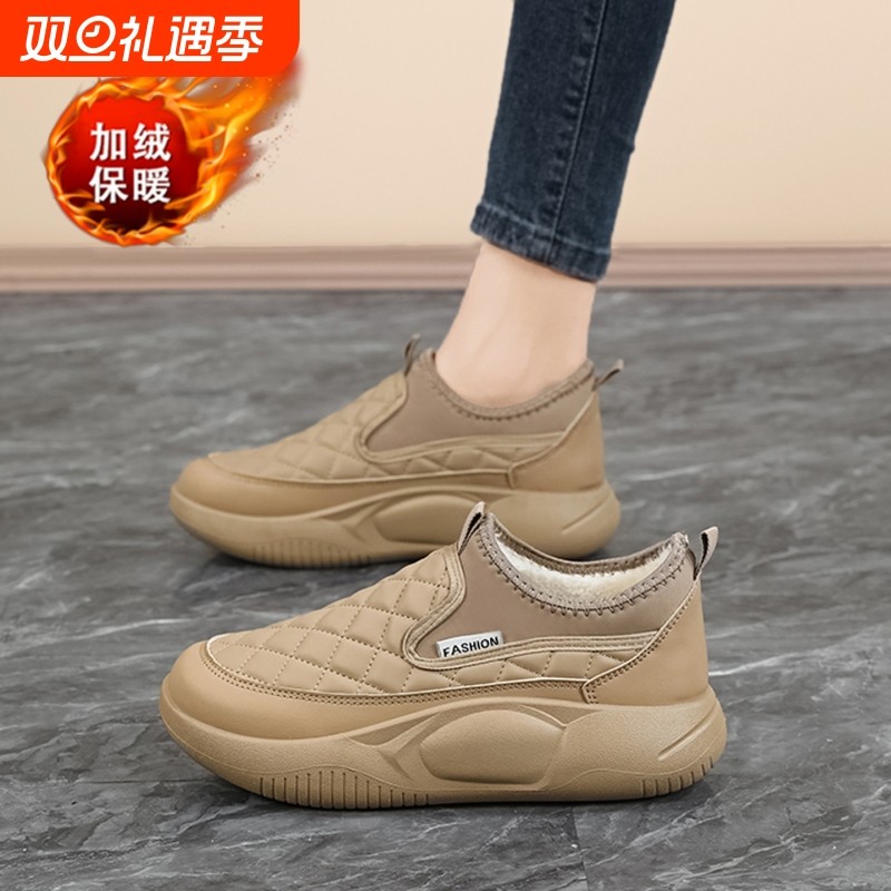 他她女孩加绒女鞋2025新款冬季34小码一脚蹬妈妈棉鞋皮面大码黑色