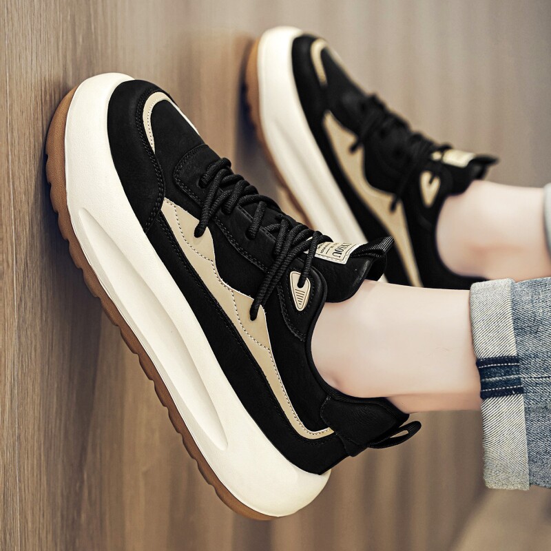 真皮阿甘男鞋秋季学生休闲运动防滑板鞋厚底大头宽脚黑色潮鞋