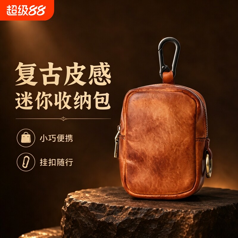 复古手工真皮小包植鞣牛皮拉链零钱耳机钥匙包腰挂收纳包迷你实用图片