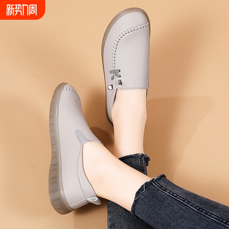 蜘蛛王真皮妈妈鞋一脚蹬牛筋底女鞋软底老北京布鞋单鞋春季新款休