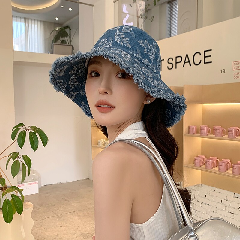 春秋季女时尚织花朵牛仔布渔夫帽水洗遮阳防晒旅游街头盆帽磨边