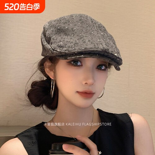 帽子miu系复古小波点贝雷帽百搭显脸小八角帽秋季灰色白色神器