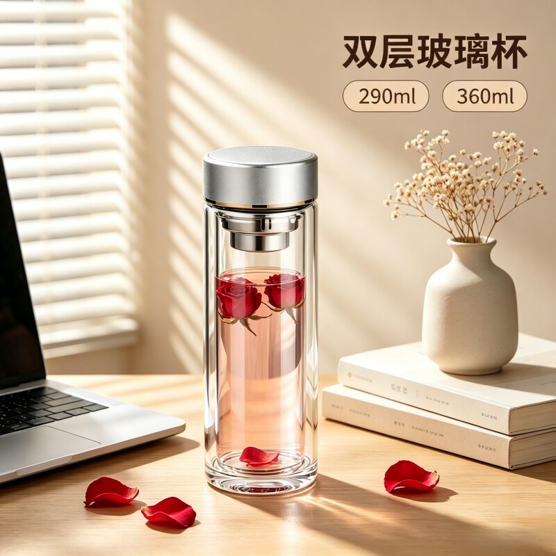 双层加厚磨砂盖隔热玻璃杯										