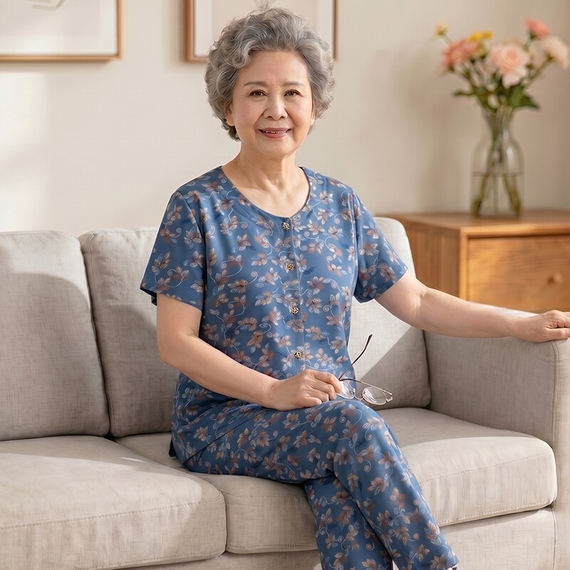 老人夏装女棉绸套装中老年妈妈夏季开衫家居服奶奶短袖老太太衣服