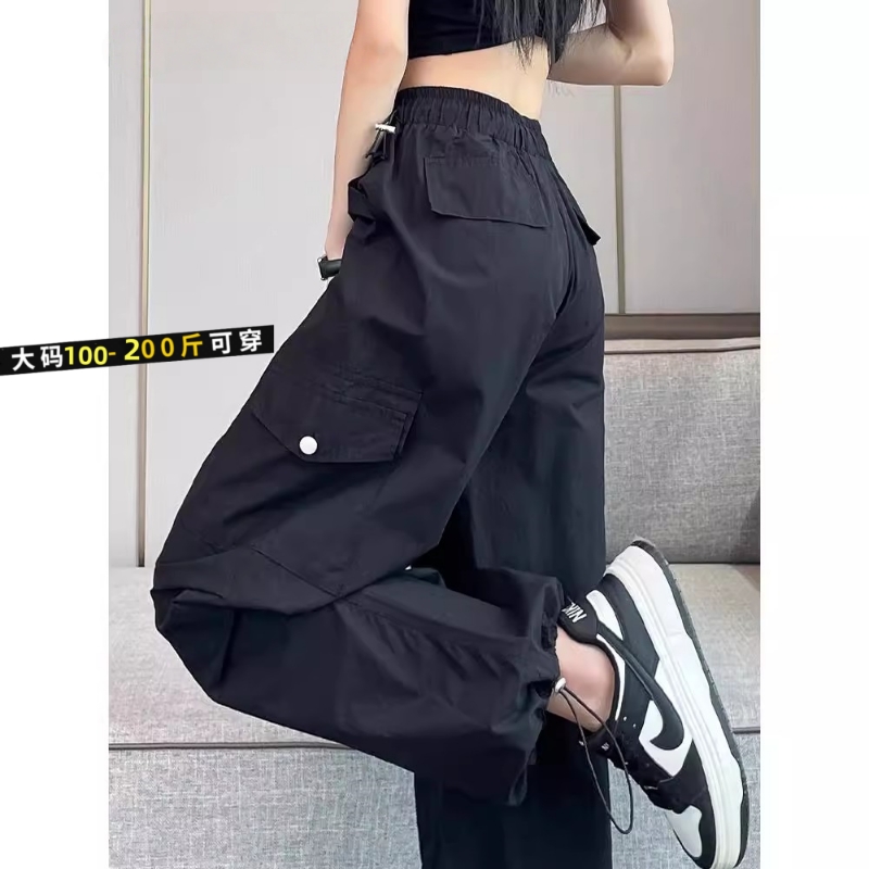 工装裤女夏季2025高腰降落伞冰丝运动裤休闲黑色加长阔腿时髦白色